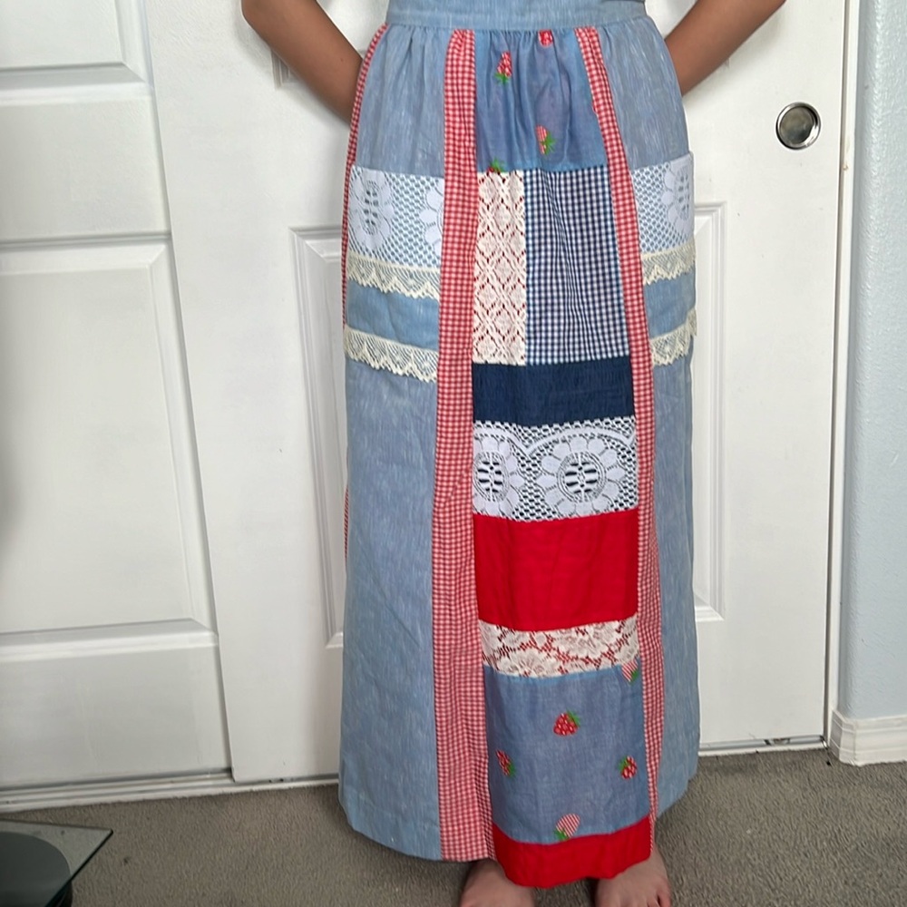 Vtg 60s PATCHWORK chambray BIG POCKETS maxi skirt S hippie boho